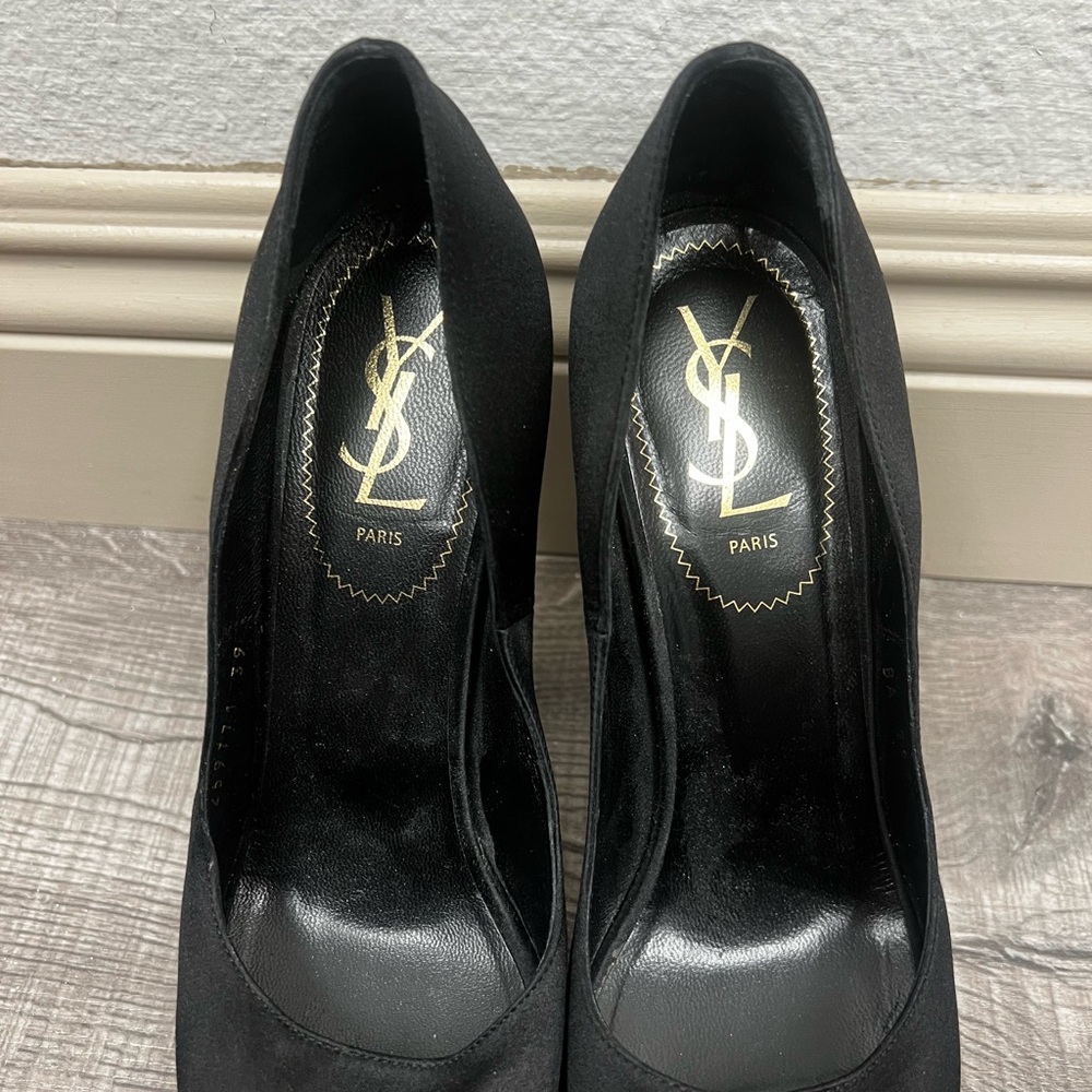 YVES SAINT LAURENT BLACK SATIN PALAIS PLATFORMS - Picture 4 of 8